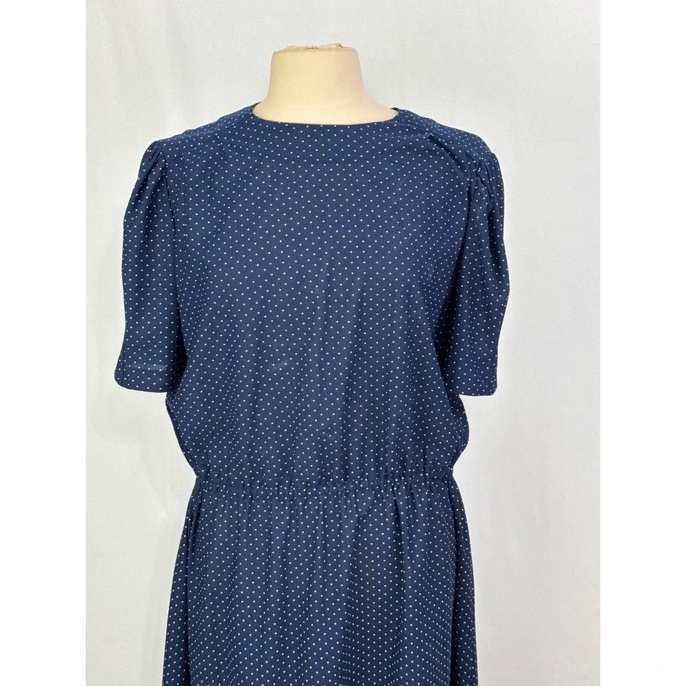 Vintage Navy Blue Polka Dot Midi Dress Short Puff Sleeve Elastic Waist Retro L